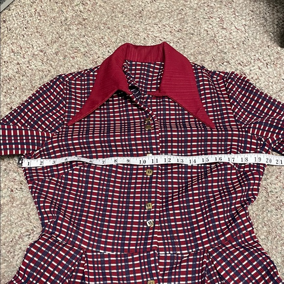 Vintage 60s huge collared Red and Blue Checkered pleated button front dress - Picture 4 of 10